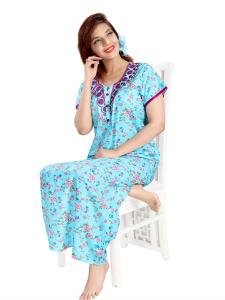 High quality Pure Cotton Floral Print Long Nighty - Sky Blue